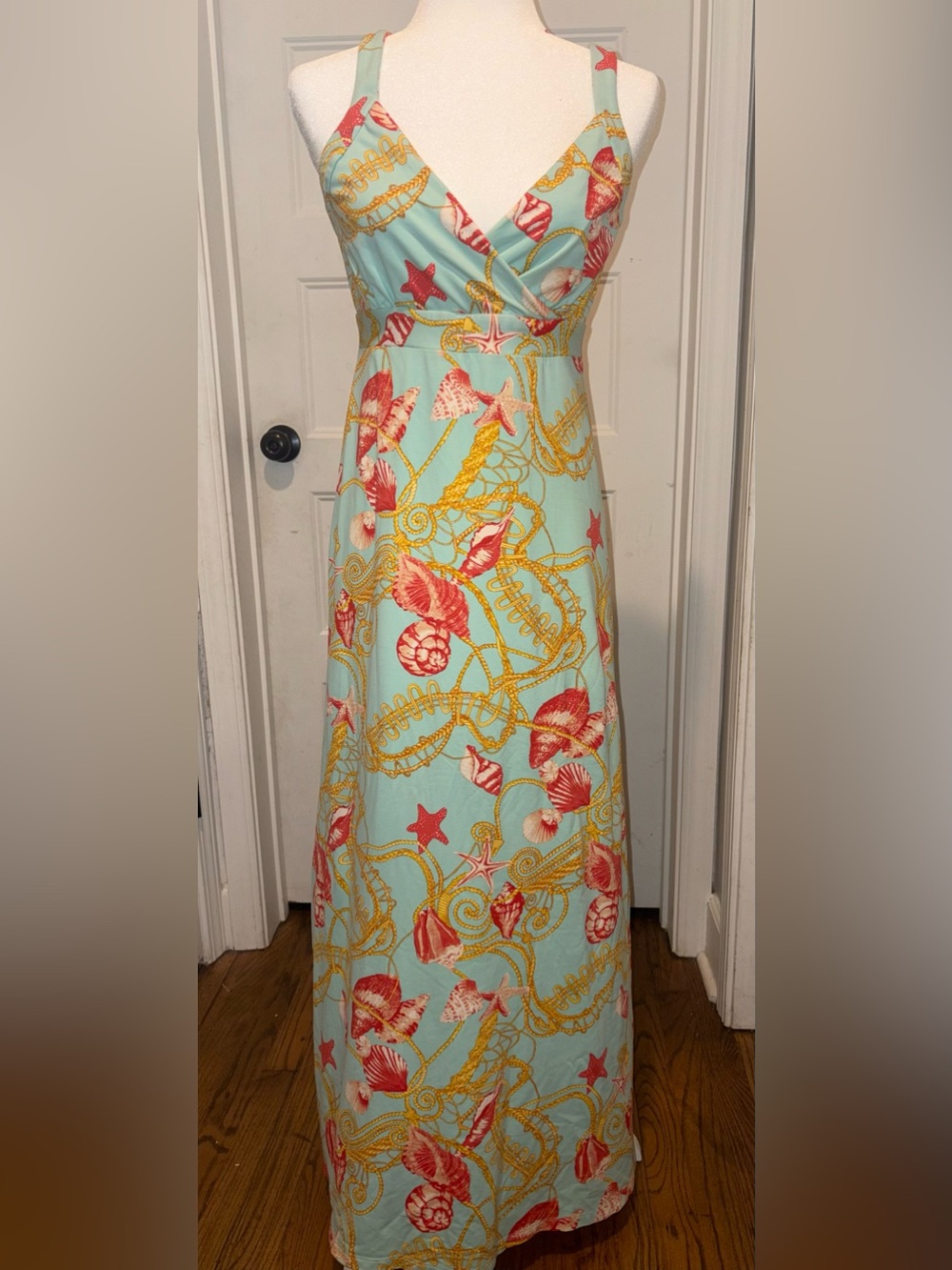 J. McLaughlin size S Coral & Gold Seashell Print Maxi Dress